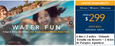 4 dias e 3 noites - Resort em Orlando + 2 ingressos para parque Aquático por $299,00